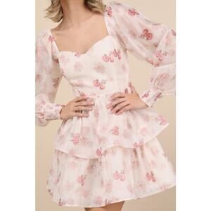 NWT Lulus Blush Pink Floral Organza Tiered Mini Dress Large Ruffle